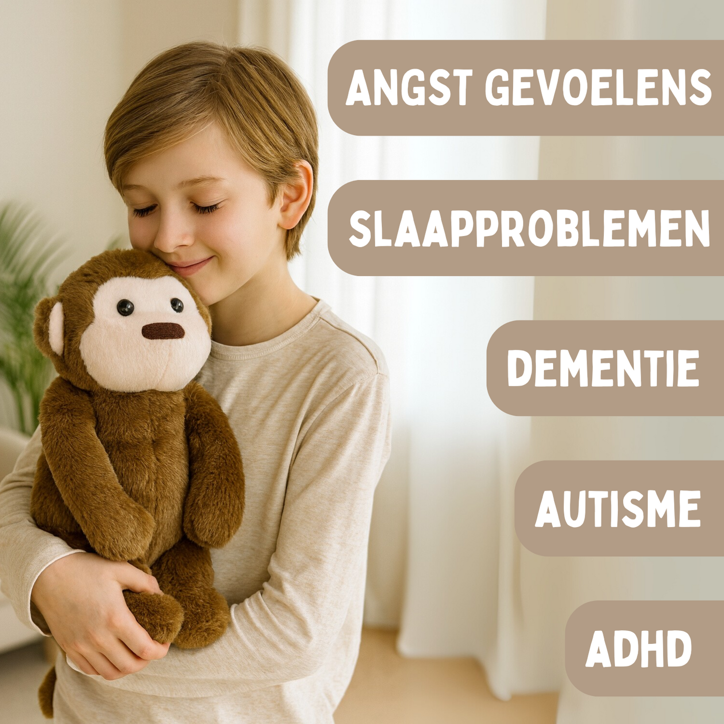 Coopley Verzwaringsknuffel 2Kg - Verzwaarde Knuffel - Andy Aapje - Weighted Stuffed Animal - Sensorisch Speelgoed - Voor Kinderen En Volwassenen - Bruin - Met Canvas Opbergtas