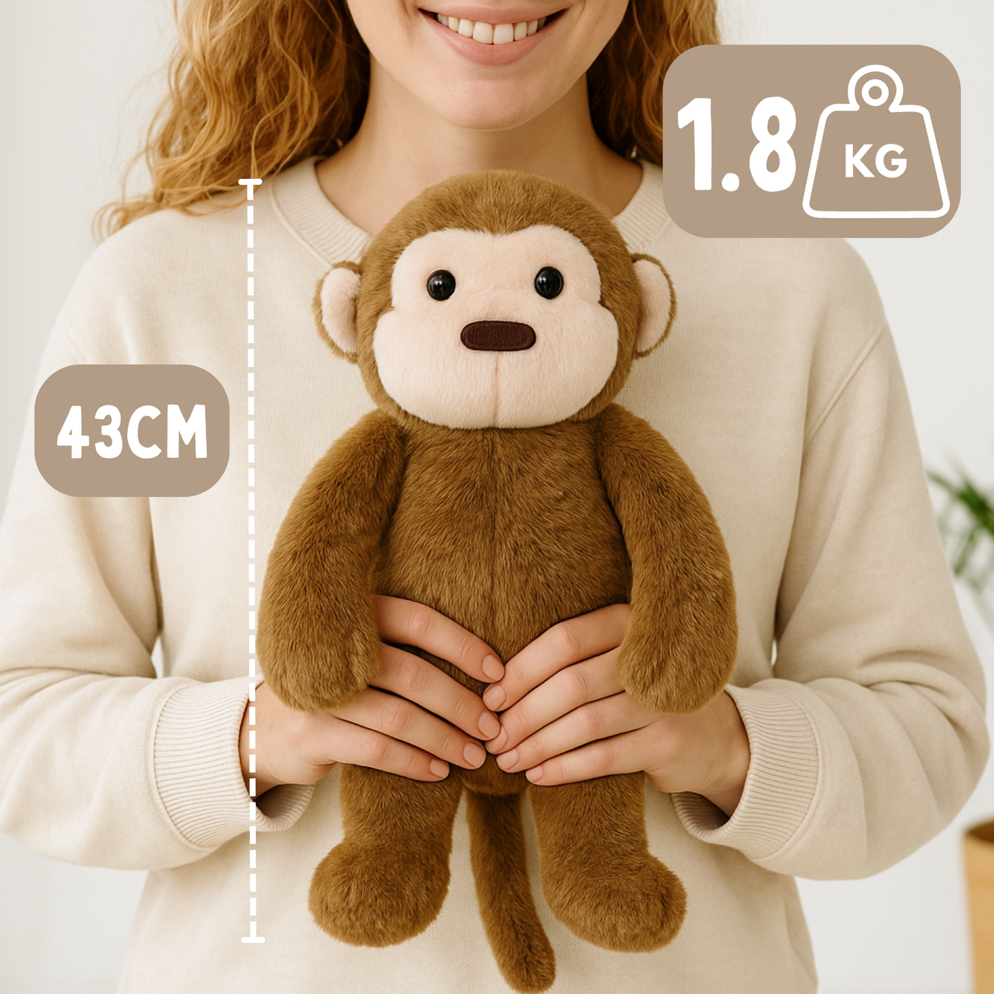 Coopley Verzwaringsknuffel 2Kg - Verzwaarde Knuffel - Andy Aapje - Weighted Stuffed Animal - Sensorisch Speelgoed - Voor Kinderen En Volwassenen - Bruin - Met Canvas Opbergtas