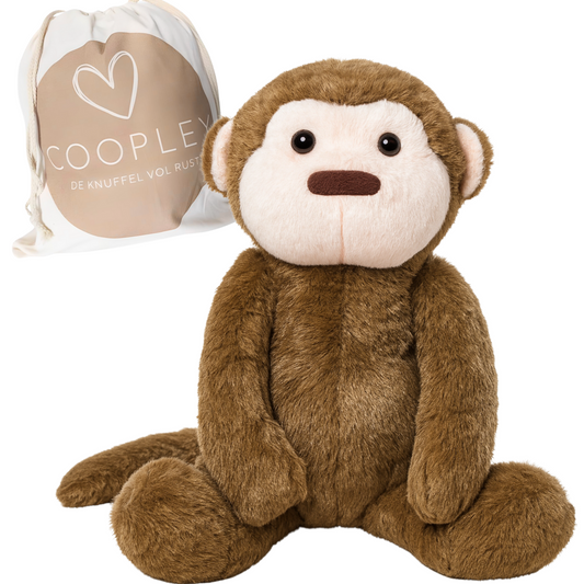 Coopley Verzwaringsknuffel 2Kg - Verzwaarde Knuffel - Andy Aapje - Weighted Stuffed Animal - Sensorisch Speelgoed - Voor Kinderen En Volwassenen - Bruin - Met Canvas Opbergtas