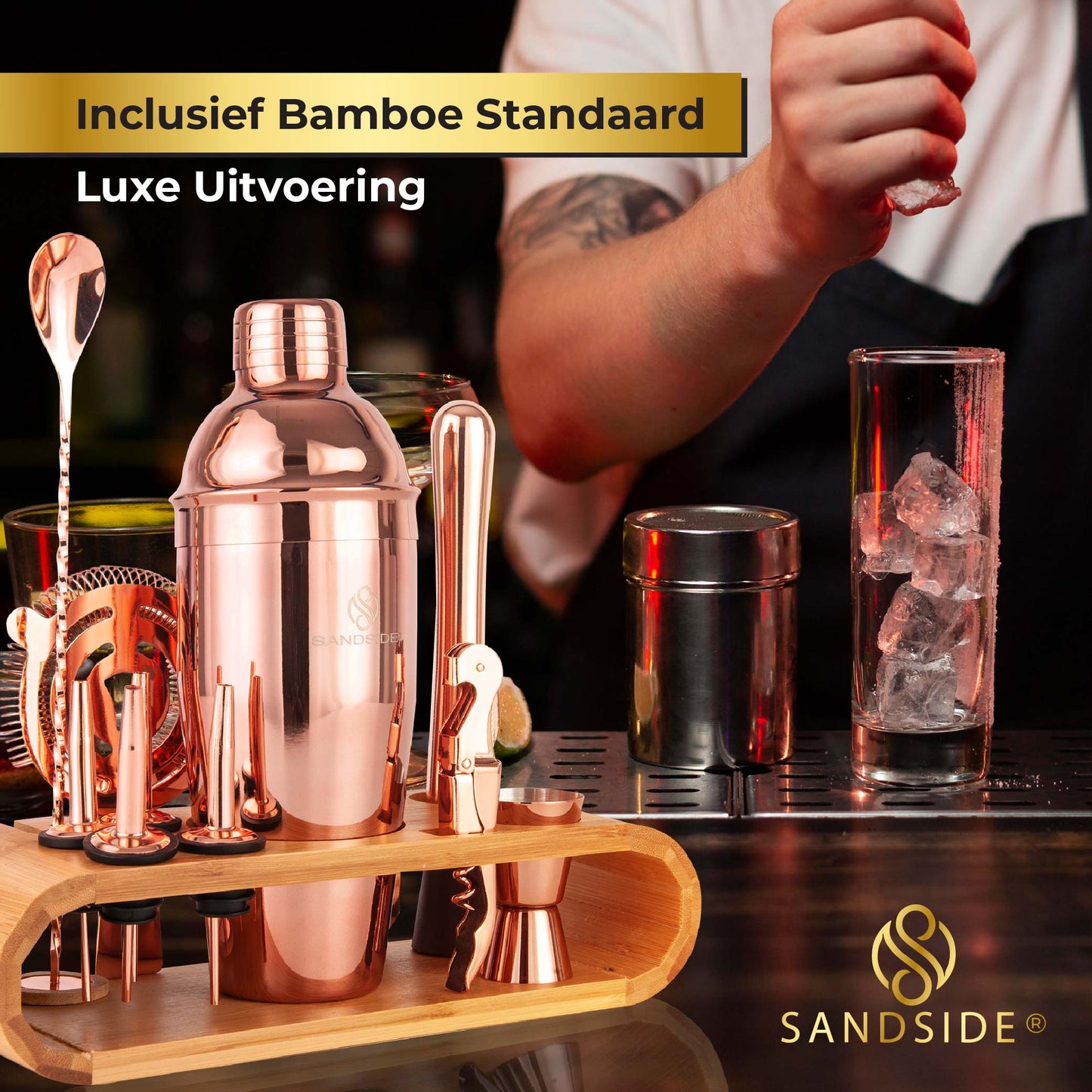 Cocktail Set Premium 12-Delig Met Bamboe Standaard –  Luxe Giftbox