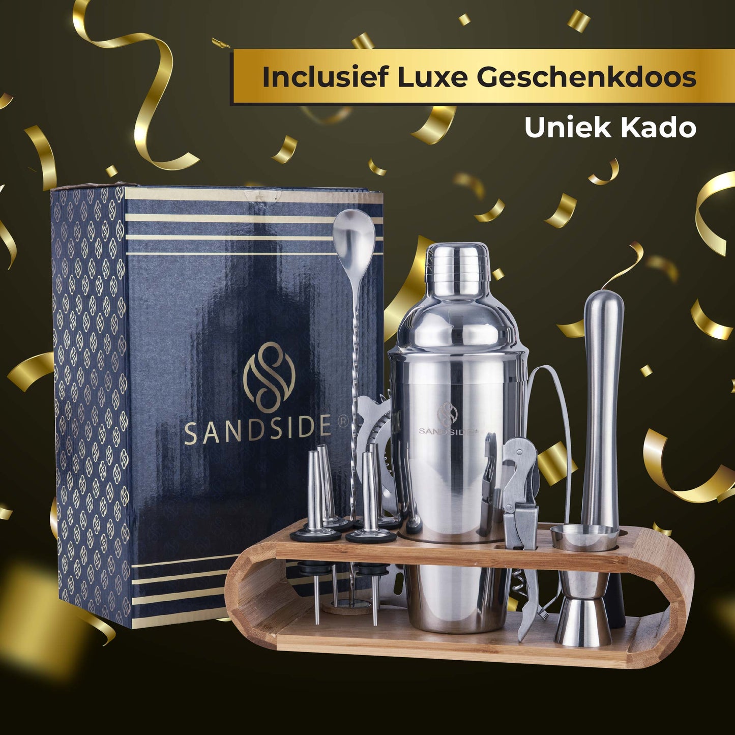 Cocktail Set Premium 12-Delig Met Bamboe Standaard –  Luxe Giftbox