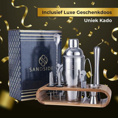 Cocktail Set Premium 12-Delig Met Bamboe Standaard –  Luxe Giftbox