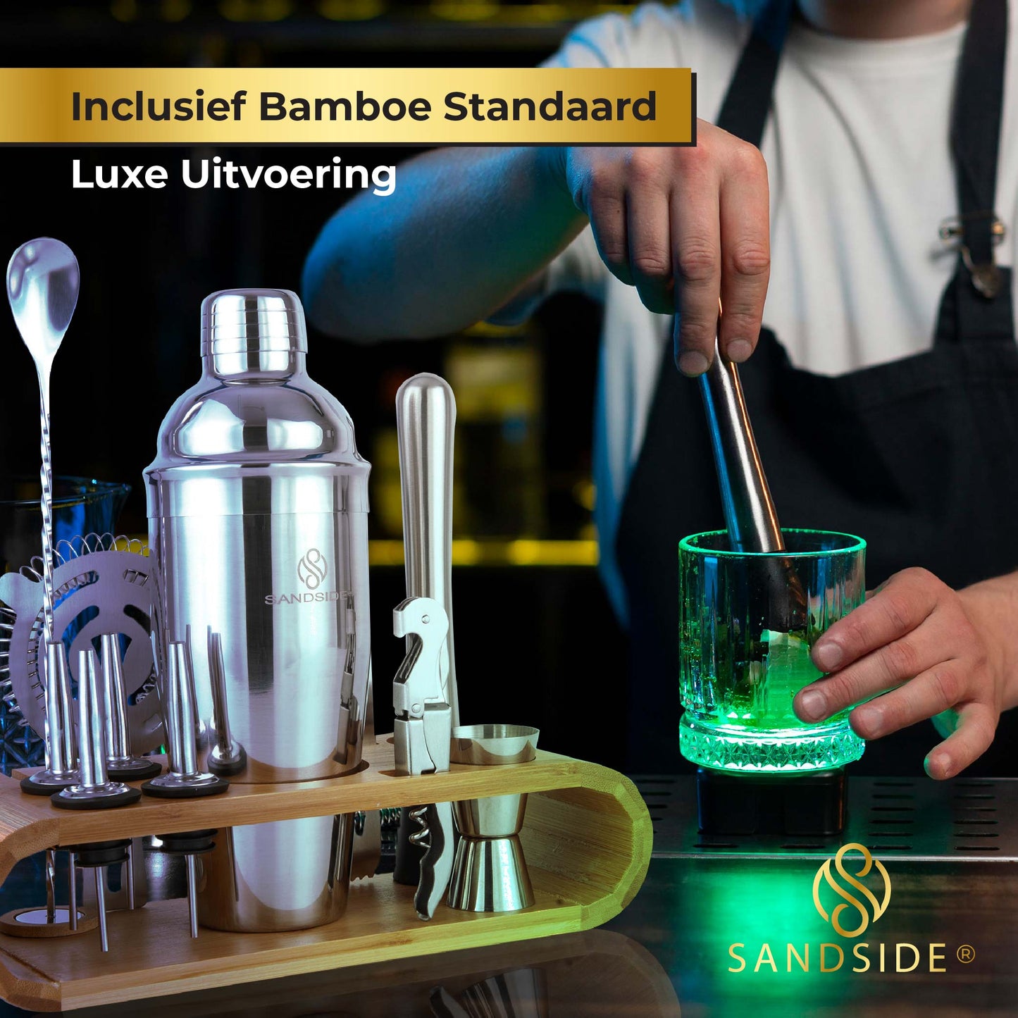 Cocktail Set Premium 12-Delig Met Bamboe Standaard –  Luxe Giftbox