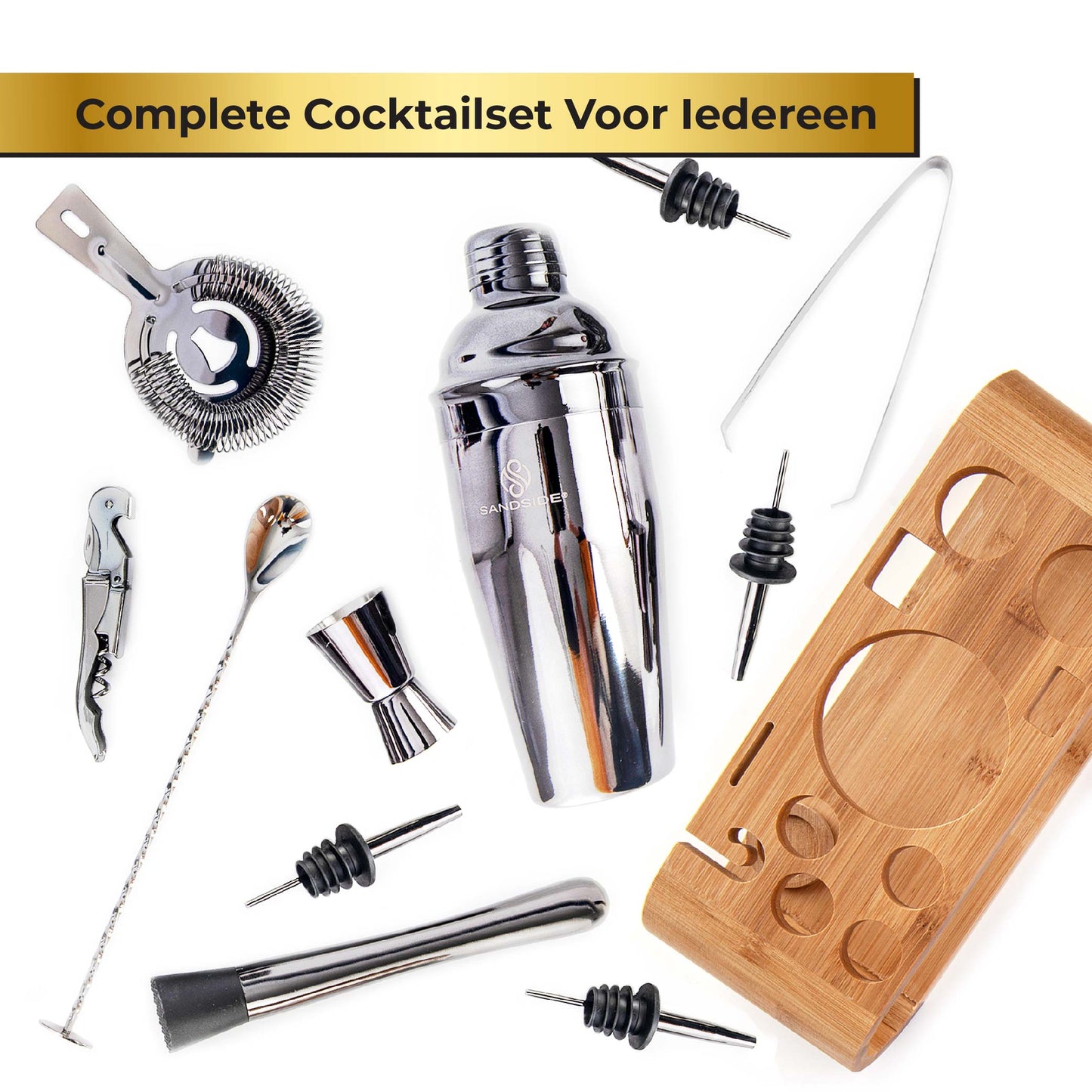 Cocktail Set Premium 12-Delig Met Bamboe Standaard –  Luxe Giftbox