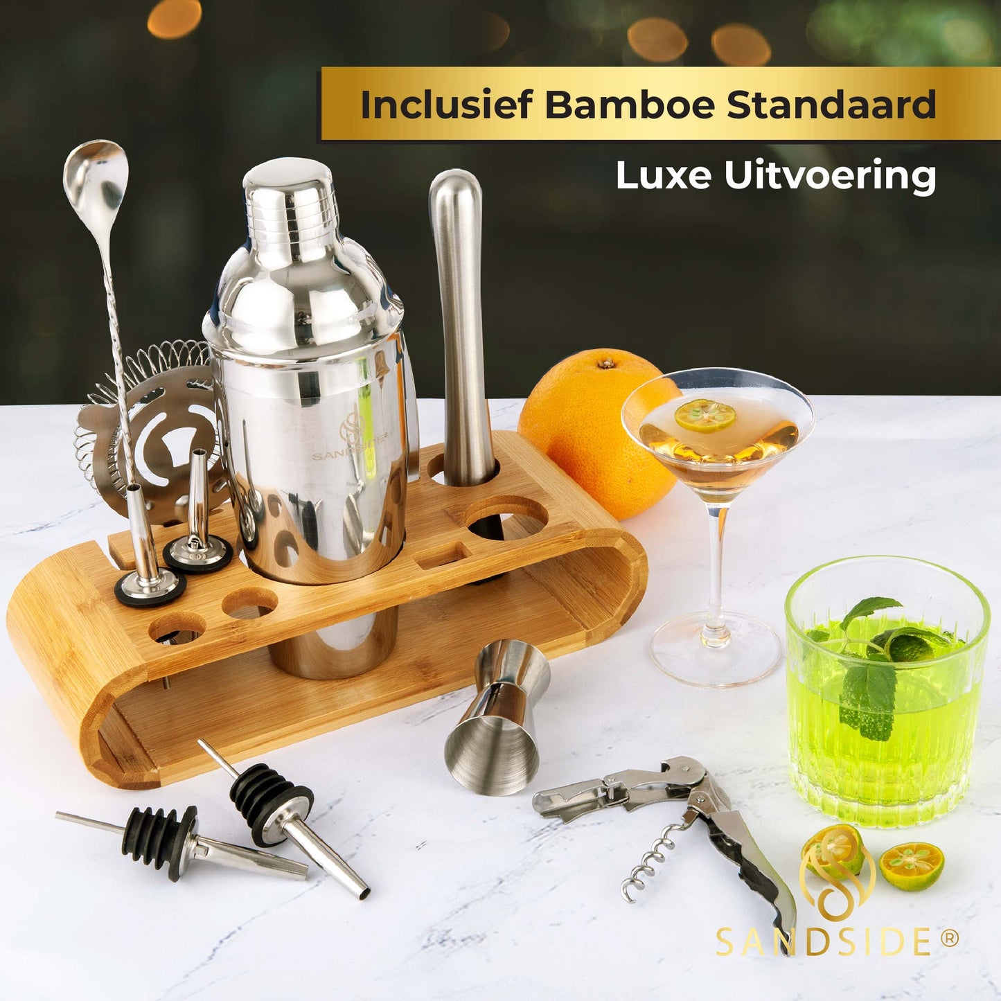 Cocktail Set Premium 12-Delig Met Bamboe Standaard –  Luxe Giftbox