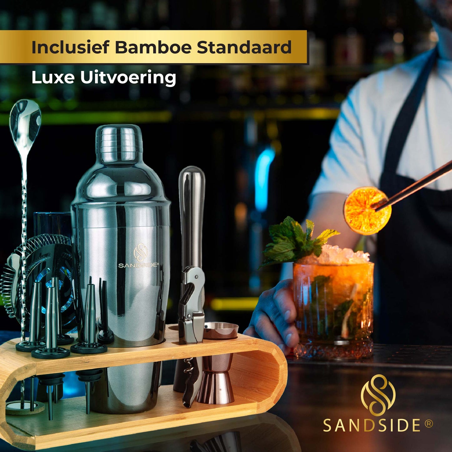 Cocktail Set Premium 12-Delig Met Bamboe Standaard –  Luxe Giftbox