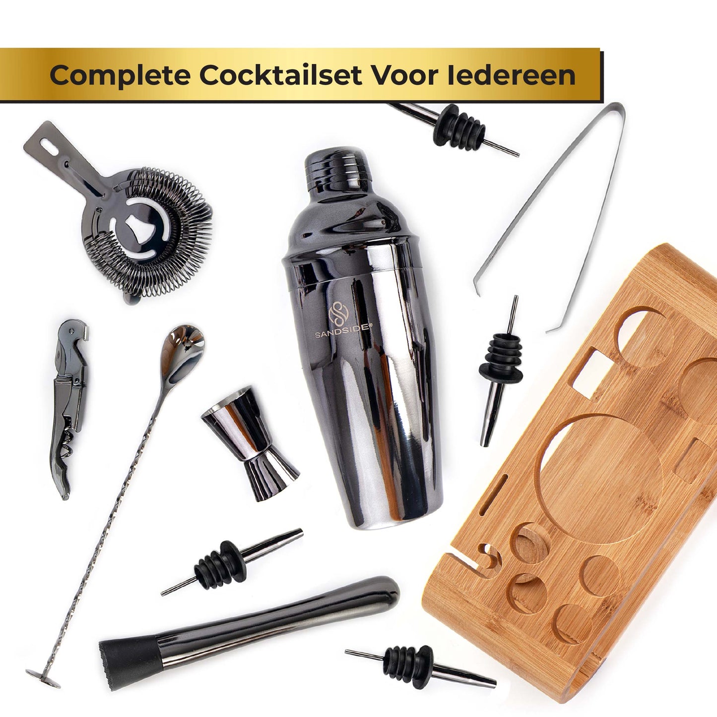 Cocktail Set Premium 12-Delig Met Bamboe Standaard –  Luxe Giftbox