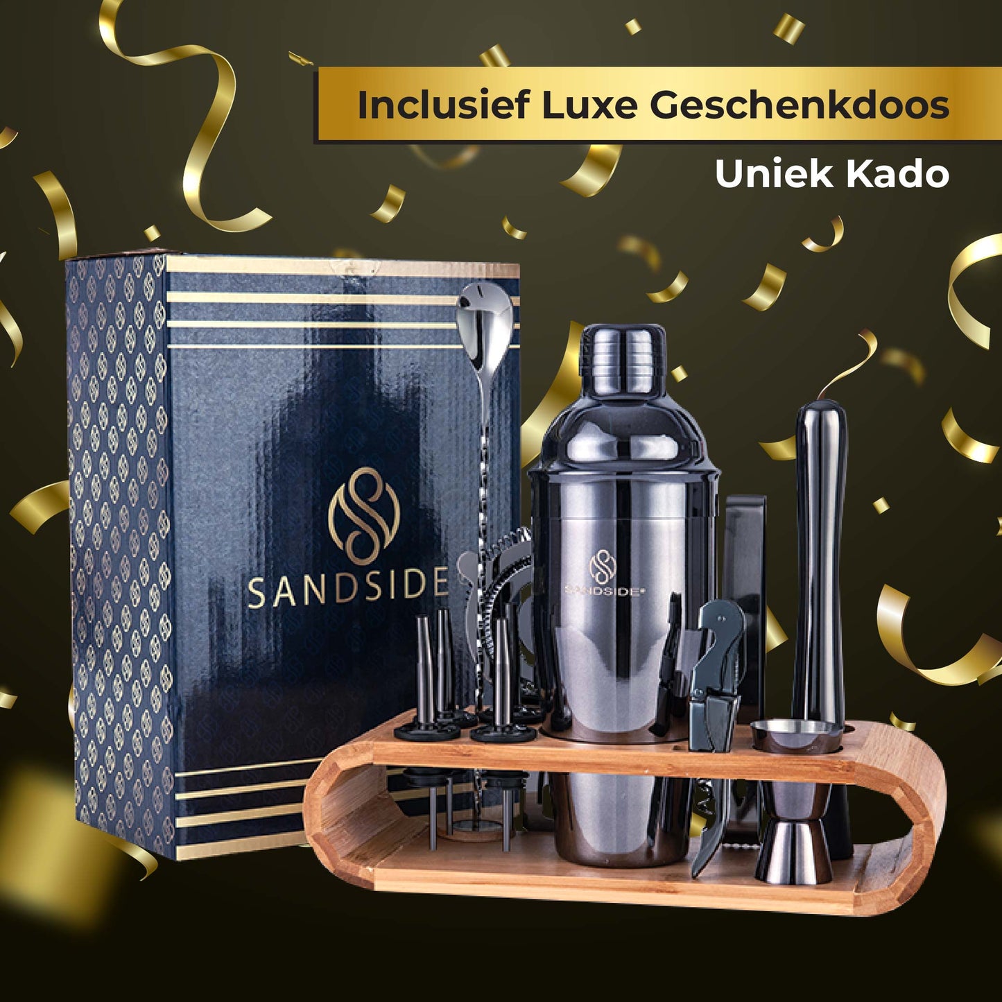 Cocktail Set Premium 12-Delig Met Bamboe Standaard –  Luxe Giftbox